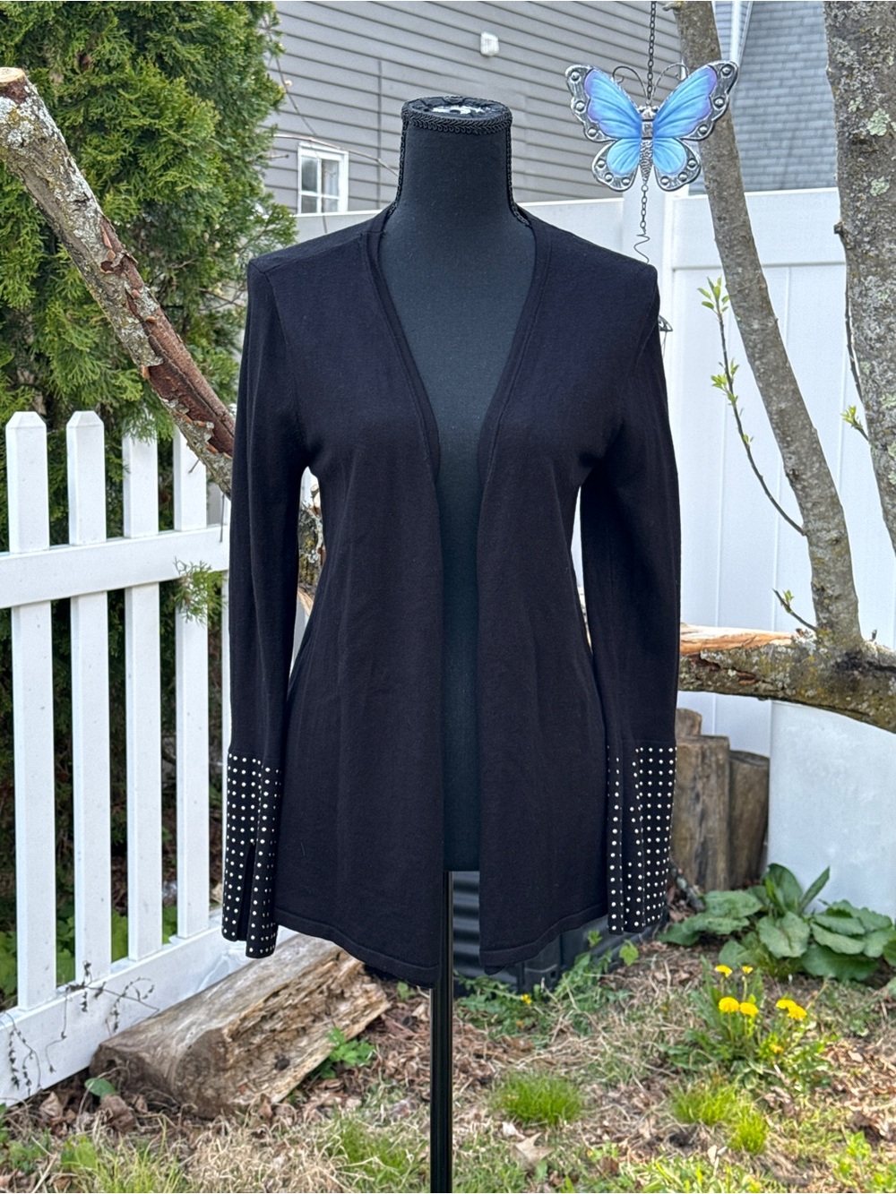 Jennifer Lopez Black Open Front Cardigan with Rhinestone Studded Cuffs | Size XS